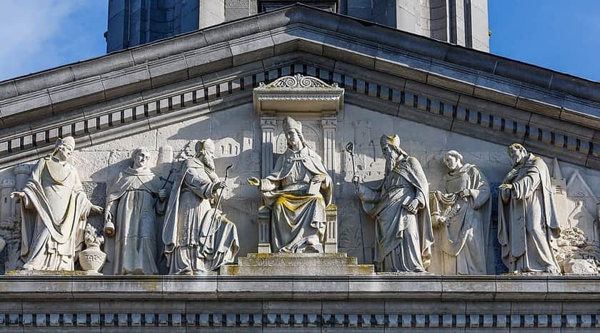 Saint Mél of Ardagh on the pediment of Saint Mél's Cathedral, Longford