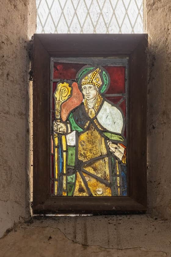 Saint Brice of Tours in stained glass at Beuzeville-au-Plain