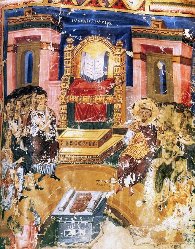 The First Council of Constantinople in a Byzantine manuscript illumination