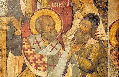A late-medieval Greek icon of the traditional story of Saint Nicholas confronting Arius at Nicaea