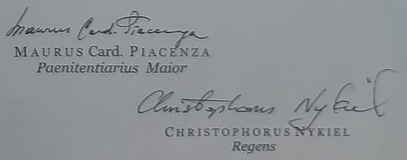 Historic signatures of officials of the Apostolic Penitentiary