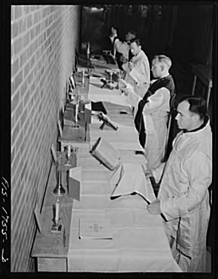 Catholic chaplains celebrating Mass at the United States Army chaplain school during the Second World War